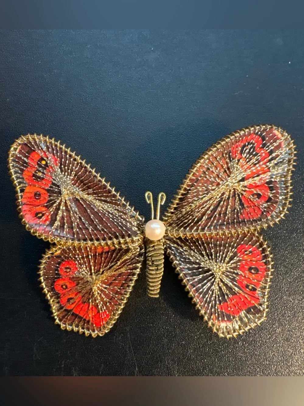 Vintage Gold Wire Filigree & Red Butterfly Brooch with Pearl Center